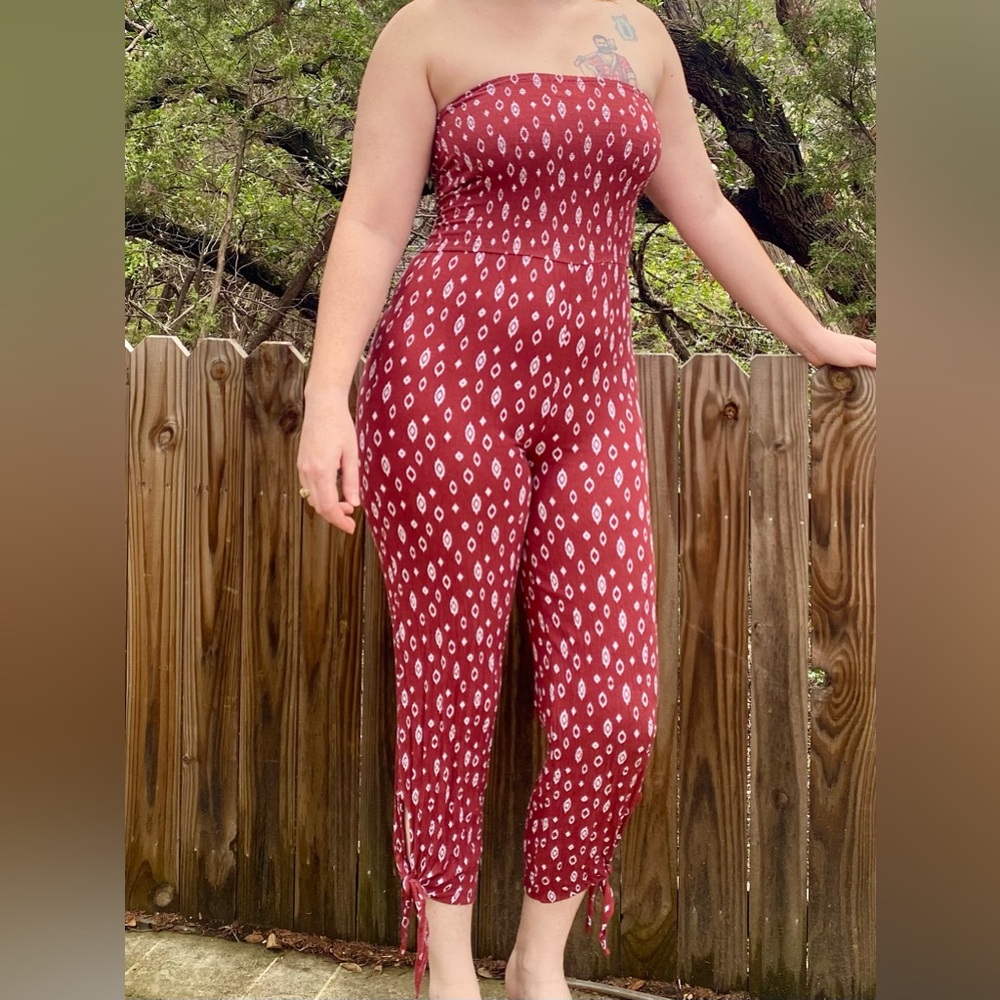 Gauzy tube top jumpsuit with ankle ties